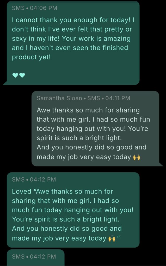 photo of screenshot text to San Antonio boudoir photographer thanking her for making her feel pretty during her photoshoot