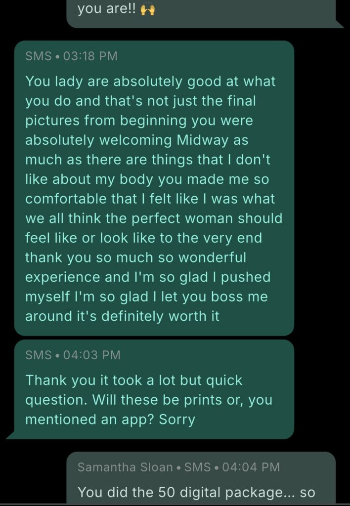 photo of text massage from client thanking her boudoir photographer for her boudoir expereince and telling photographer she is good at what she does