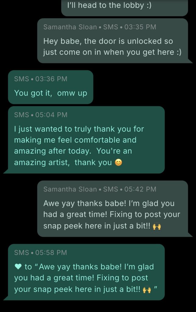 Screenshot image of boudoir client responding to text thanking boudoir photographer for making her feel comfortable during her boudoir expereince
